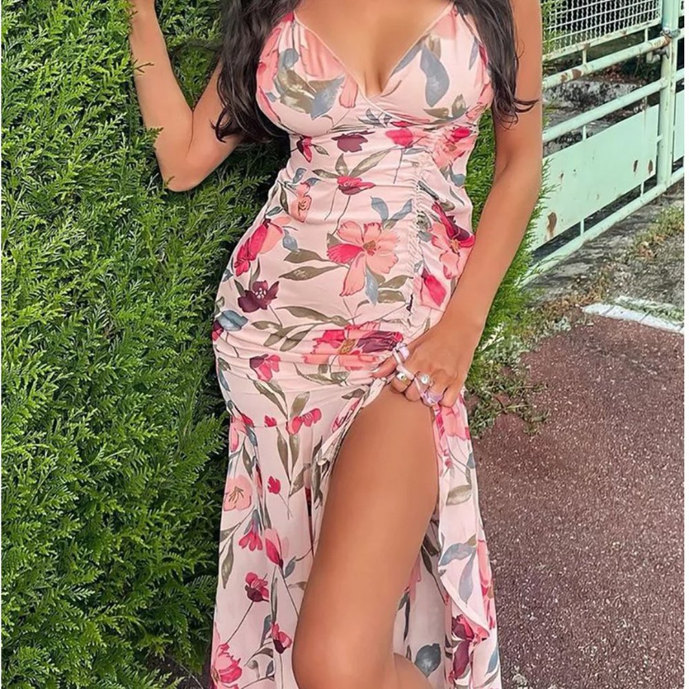 Floral Peach Maxi Dress with drawstring thigh slit